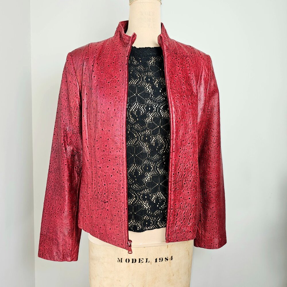 London Underground Red Ostrich-Embossed Leather Jacket Large
